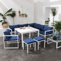 Salon de jardin modulable IBIZA en tissu bleu 7 places - aluminium blanc - HAPPY GARDEN - Métal - Salon bas