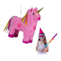 Relaxdays Pinata Licorne à suspendre pour enfants à remplir anniversaire jeux décoration, HxlxP: 47 x 43 x 13 cm, rose