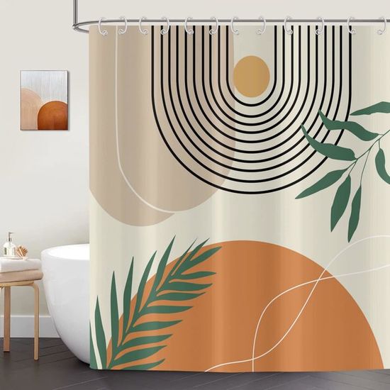 Rideau De Douche Boho 180x180cm - Style Abstrait Feuilles Vertes Soleil Imperméable Avec 12 Crochets