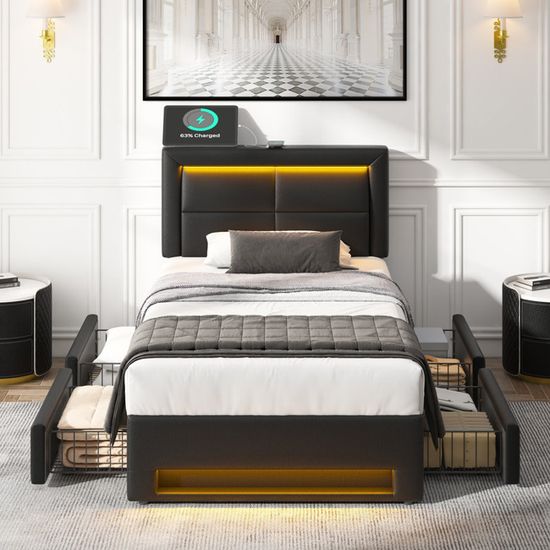 Canapé-lit rembourré avec bande lumineuse LED et rangement en dessous 140x200, beige | Leroy Merlin Canapé-lit rembourré avec bande lumineuse LED et rangement en dessous 140x200, beige | Leroy Merlin