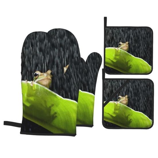 1 gant de cuisine et manique,Petite grenouille verte assise sur une feuille de ban