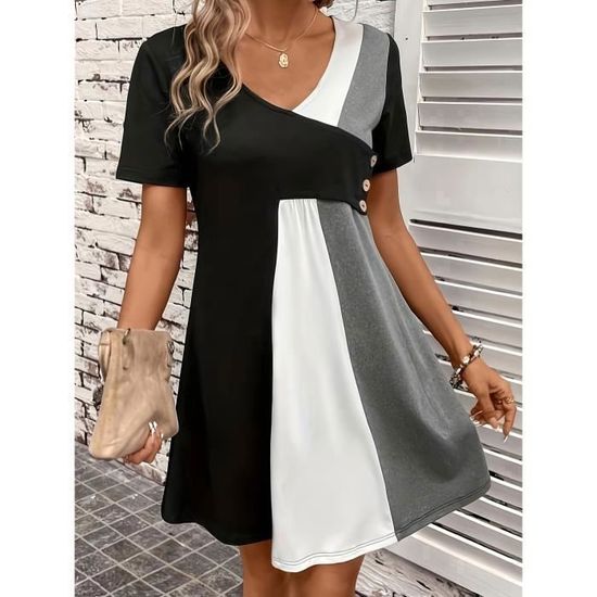 Robe Tempérament Col V Couleur Contrastée