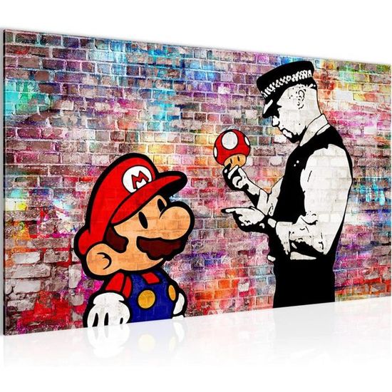 Tableau Décoration Murale 70x40cm Runa art 303014c Banksy Super Mario Street Art - 1 Panneau Deco Toile Prêt à Accrocher -Multicolor