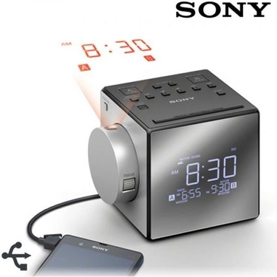 Radio-réveil SONY avec projection de l'heure, tuner digital, chargeur de téléphone, batterie de secours - Argent