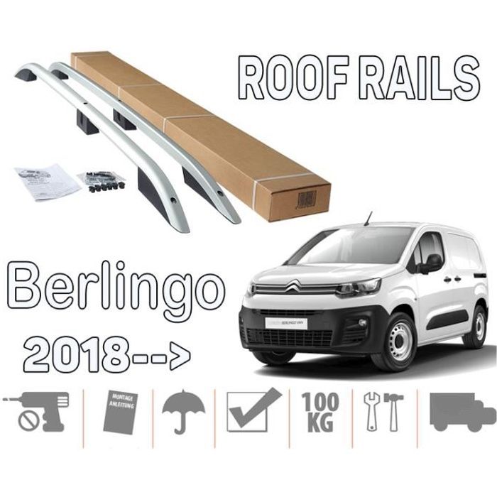 Barres de toit pour Citroen Berlingo III 09-2018> court longitudinales alu + pieds plastique noir