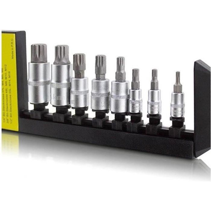 Ens. 8 douilles mâle/femelle Torx ou spline 1/4 3/8 et 1/2 en chrome-vanadium