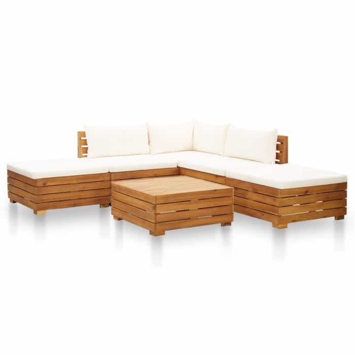 Salon de jardin 6 pcs - Ensemble repas de jardin Meuble de jardin avec coussins Acacia solide Blanc crème