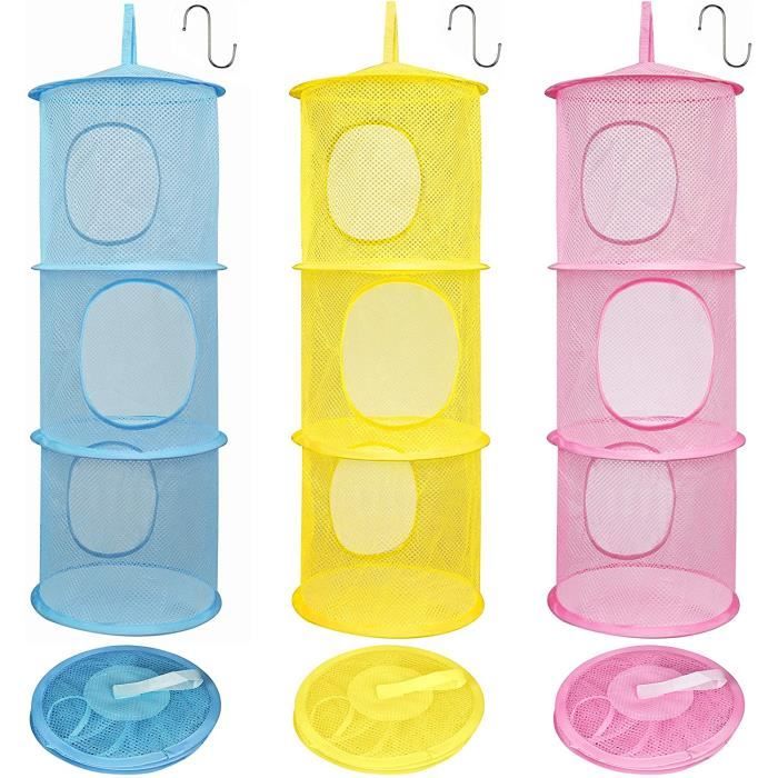 BELLE VOUS Filet de Rangement (Lot de 3) Filet Peluche 3 Couleurs Rose, Bleu et Jaune - Panier Suspendu Rangement avec Crochets