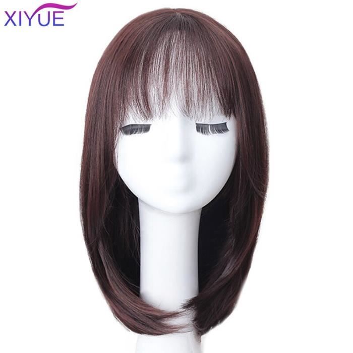 AK01-2-33 -XIYUE – perruque péruvienne mi longue, cheveux lisses, couleur naturelle, brun, écorce noire, avec frange, pour femmes