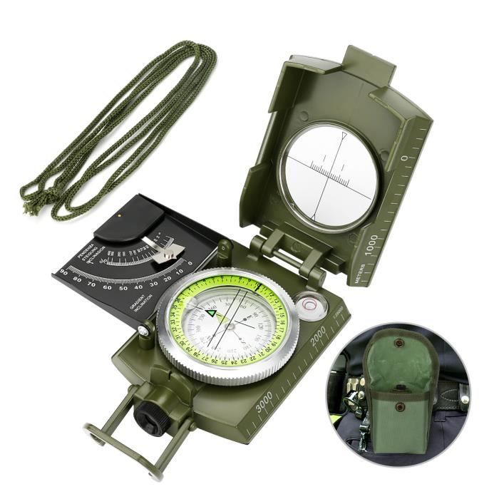 Boussole Lensatic, boussole en métal lumineux étanche et antichoc avec sac de transport pour randonnée en camping