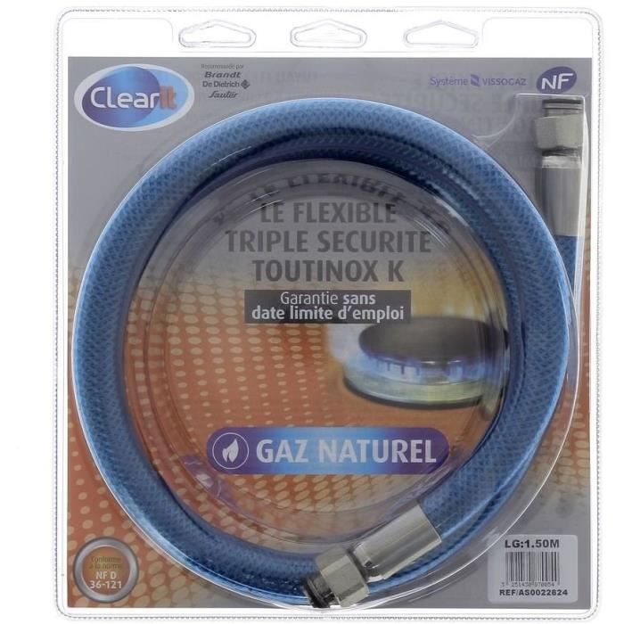 Tuyau flexible pour gaz naturel triple sécurité Vissinox à embouts mécaniques - 1,5 m