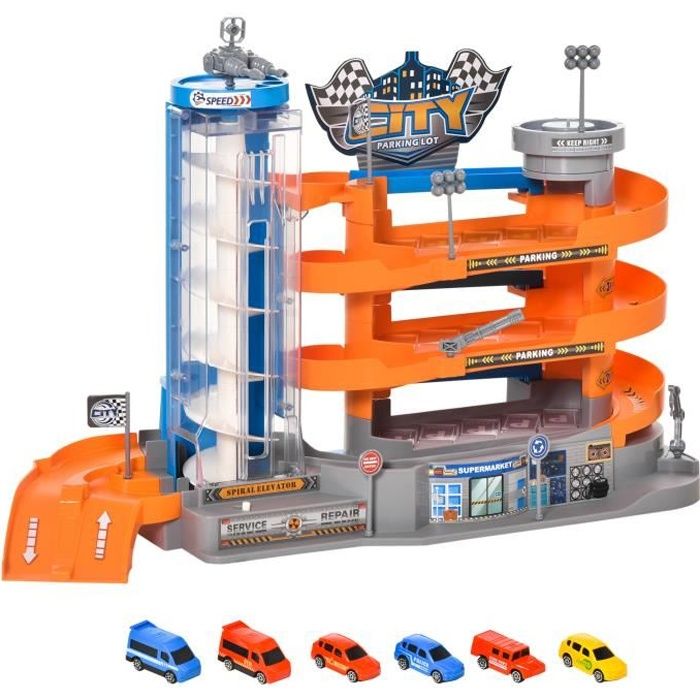 Garage parking voitures enfant - 3 niveaux, 6 voitures, ascenseur, rampes en spirale, 15 places stationnement - PP ABS