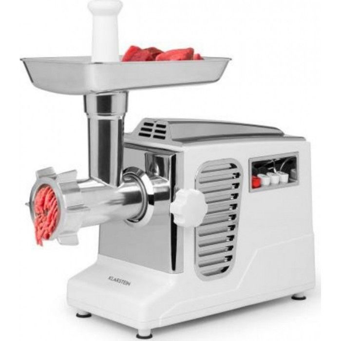 Klarstein Kraftprotz Hachoir à viande électrique 700W - Disques & lame inox - Bol aluminium - Blanc & argent