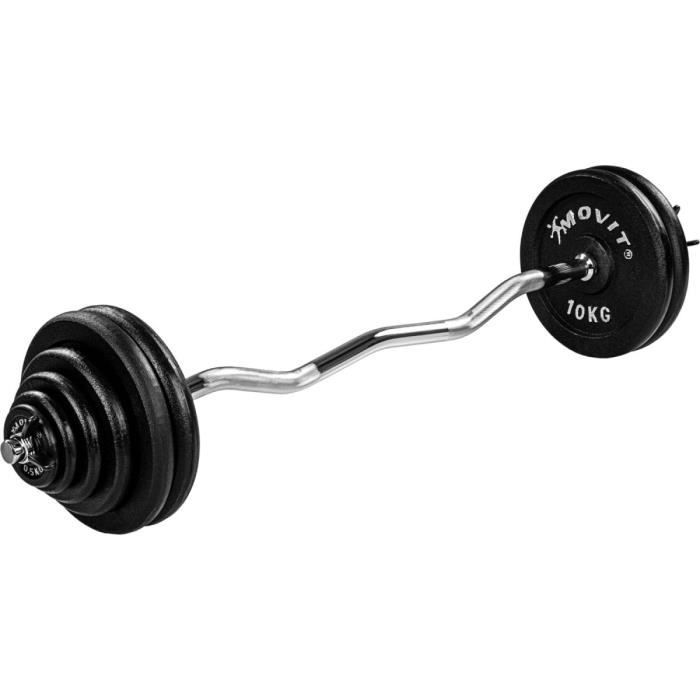 MOVIT® Set d'haltère PRO avec barre curl chromée 120 cm et poids en fonte noire 65,5 kg (2x1,25 + 2x2,5 + 2x5 + 4x10 kg)