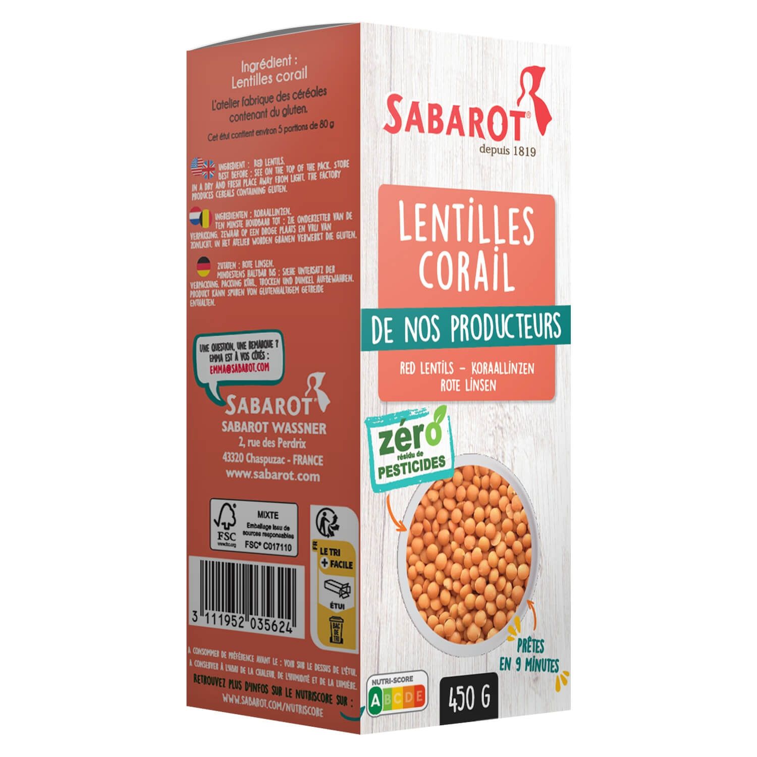Lentilles corail Zéro Résidu de Pesticides paquet de 450g Sabarot