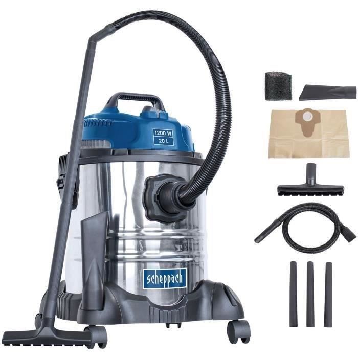 SCHEPPACH Aspirateur eau et poussière 20L 1200W avec une brosse combinée, un suceur plat, un filtre mousse et un sac en papier - A