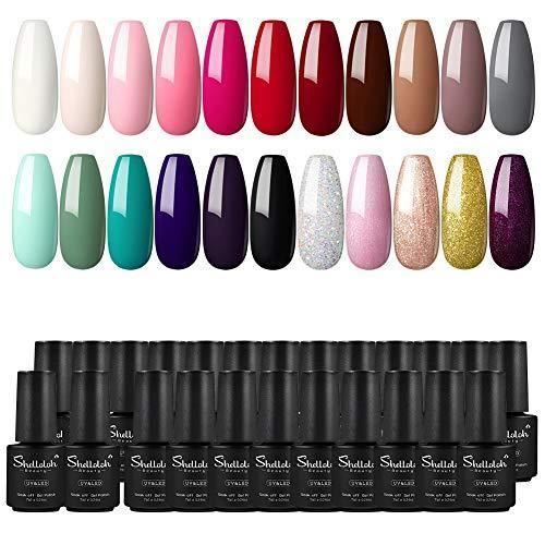 Shelloloh Kit 22 Couleurs Vernis Semi Permanent Gel Soak off Polish Gel Complet Vernis à Ongles Base Coat Top Coat Gel de Finition D