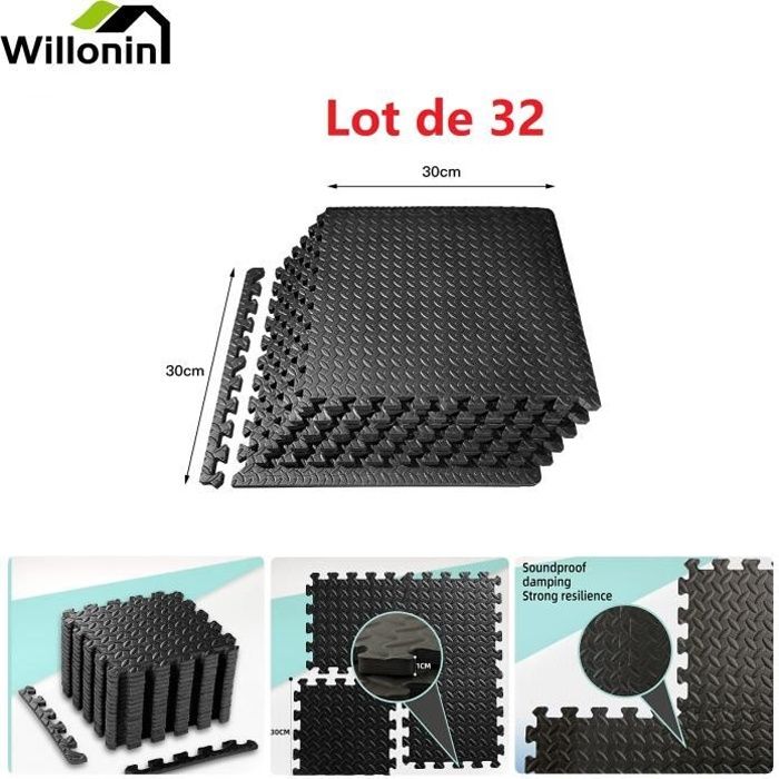 Willonin® Tapis de sol Puzzle, Set de 32 Tapis en mousse de Fitness 2.88 M², Dalles carrés pourr Yoga, Chacun 30 x 30 cm
