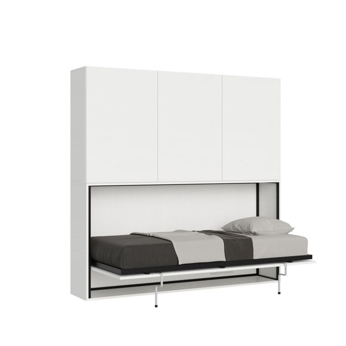 Armoire lit escamotable - Kando - Modèle D - 1 couchage 85 cm - Frêne Blanc - Matelas inclus