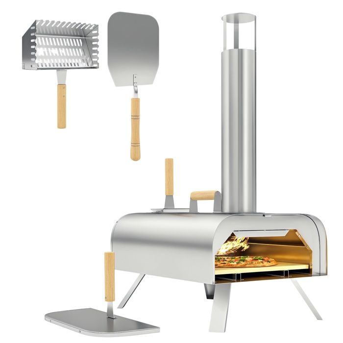 Four à pizza extérieur - Outsunny - portable - à bois ou pellet - pierre à pizza pieds pliables cheminée - acier inoxydable argenté