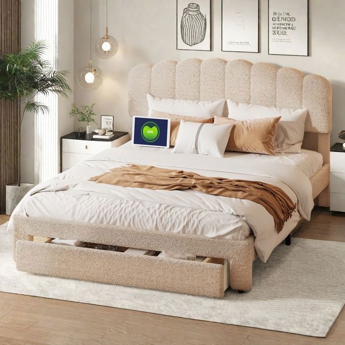 Lit double - lit adulte 140x200 cm en beige - lit rembourré avec 1 tiroir - lit 140x200 cm - sommier à lattes - tissu