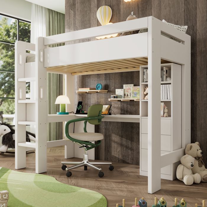 Lit mezzanine 90x200 cm - avec USB et Type-C - avec bureau en L étagères et tiroirs - avec barrières de sécurité - blanc Lit mezzanine 90x200 cm - avec USB et Type-C - avec bureau en L étagères et tiroirs - avec barrières de sécurité - blanc