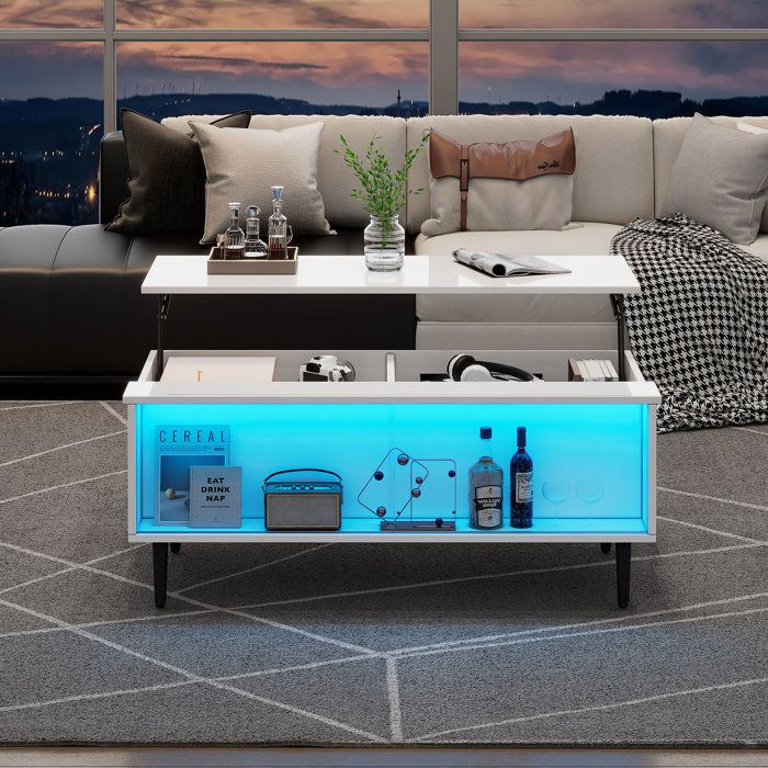 Table basse relevable 105x50x43 cm - finition brillante - avec éclairage LED - 2 portes coulissantes - blanc