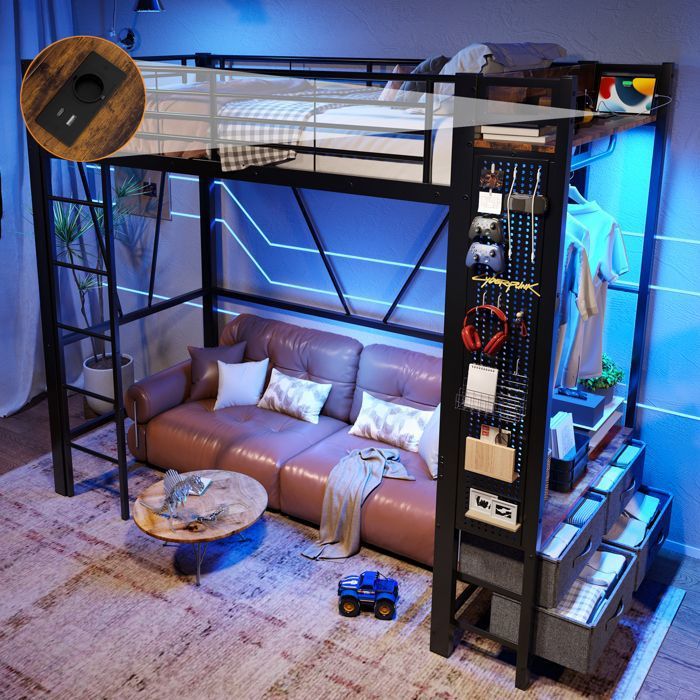 Lit mezzanine LED 90x200 cm Lit simple avec 4 tiroirs et prise USB+Type étagères étendoir et garde-corps - Noir