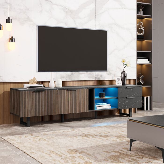Meuble TV 200cm Effet Marbre Noir et Bois avec LED Multicolore Rangement 6 Zones Meuble TV 200cm Effet Marbre Noir et Bois avec LED Multicolore Rangement 6 Zones