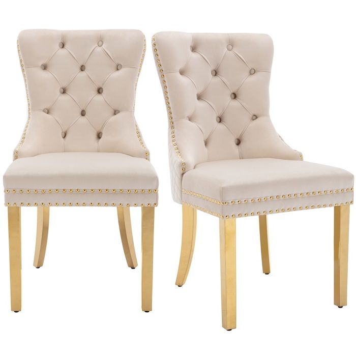 2 Chaises de Salle à Manger en Velours - Pieds Inox Doré Dos à Poignée et Capitonnage à Clous - Beige/Or