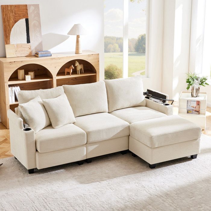 Canapé dangle 4 places Canapé fixe avec repose-pieds porte-gobelet chargeur USB coussins Velours côtelé，beige 213 5x139x87cm