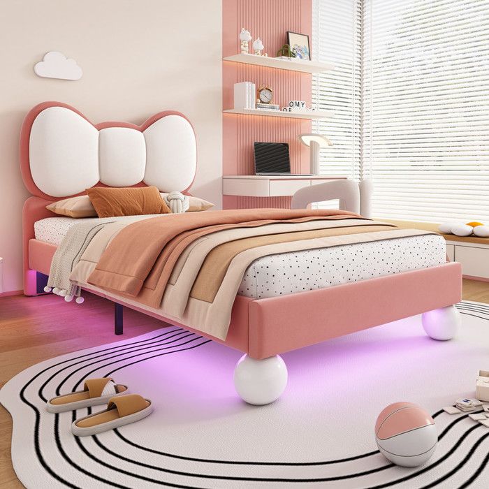 Lit Enfant - TRUXEN8 - Papillon - LED Ajustable - Velours - Beige/Rose - 90x200cm