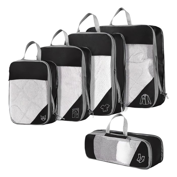 ECOHUB Organisateurs Valises 4 Pièces, Sac De Compression Pour Voyage, Rangement Valise Organisateur Aéré à Mailles, Packing Cubes SBS Fermeture éclair Avec Cartes Manuscrites Affichage Transparent