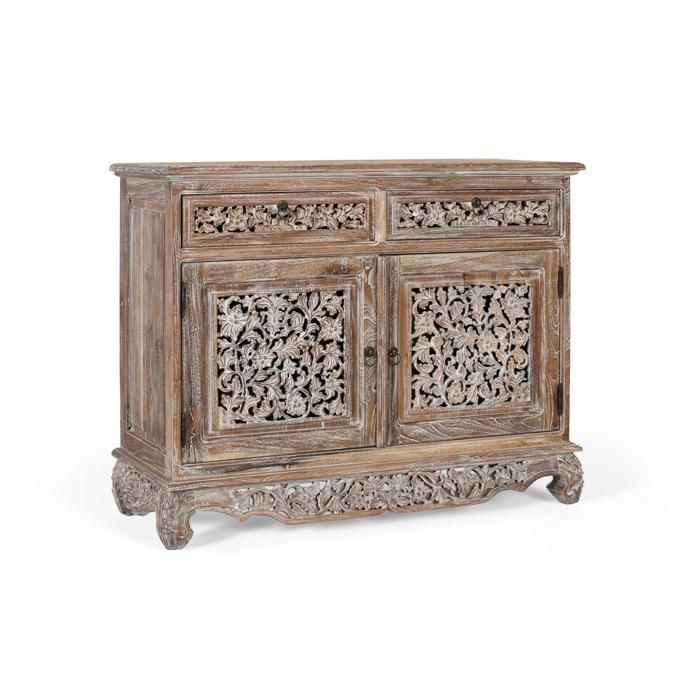 Buffet en teck - GINER Y COLOMER - 100x40x80 cm - Blanc délavé - 2 tiroirs - 2 portes - Motifs floraux sculptés