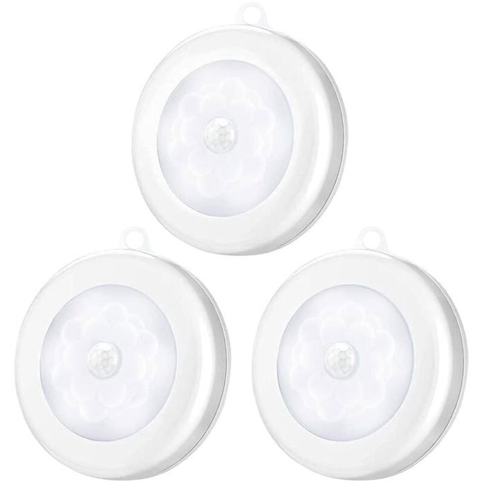 Lot de 3 Lampes LED de Nuit Détecteur de Mouvement Sans Fils Alimenté par Piles Lumière Chaude pour Chambre Salon Garage SdB