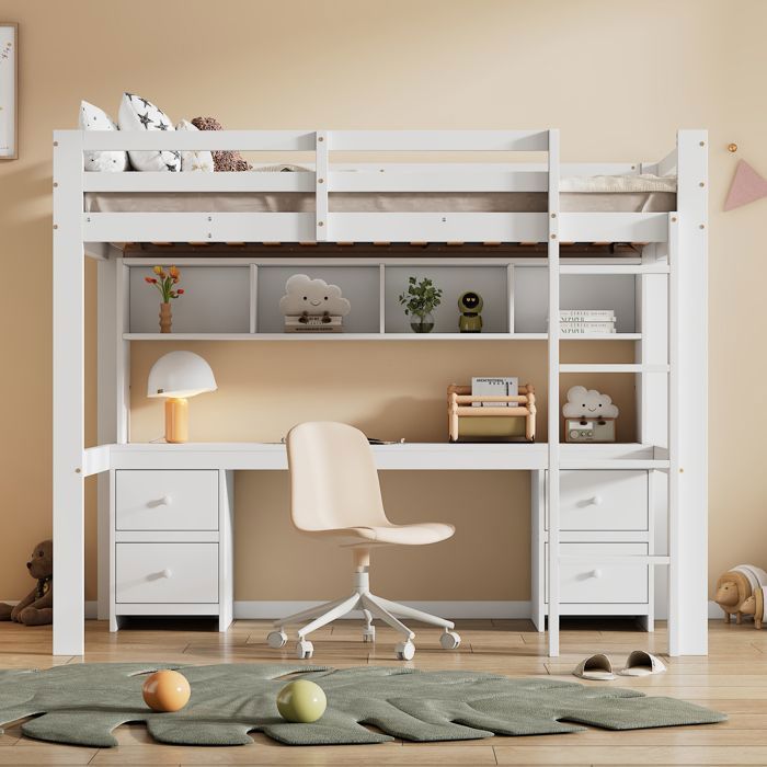 Lit mezzanine Maisentiel pin blanc 90x200 cm avec bureau intégré et grands rangements pour chambre denfant et adolescent