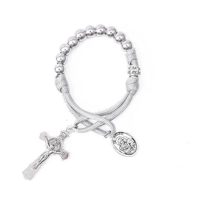 Nazareth Store Chapelet Militaire Gris En Paracorde Perles Argentées Chapelet De Poche Médaille Saint Joseph Croix Priez Pour Nous