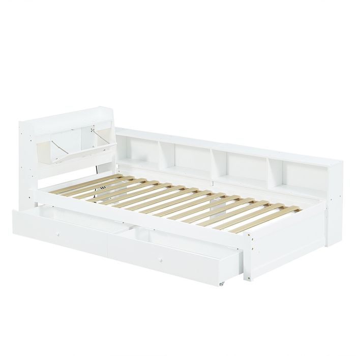 Lit simple 90x200cm- tête de lit avec rangement+ 2 lumières- avec prise de charge- armoires de rangement latérales et tiroirs- blanc