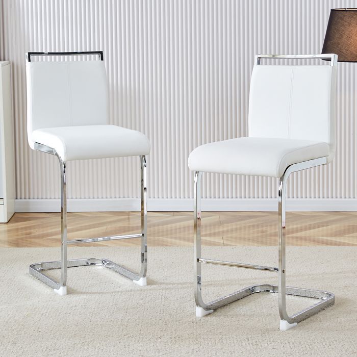 BELLEMAVE Lot de 2 Tabourets de bar - Chaise de cuisine - Cuir PU - Pieds en métal - Pour plusieurs occasions - Blanc et Argent