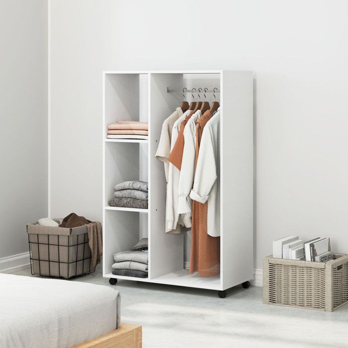 Armoire à roulettes penderie mobile 1 tringle 3 étagères meuble penderie roulant pour entrée chambre 80 x 40 x 128 cm blanc