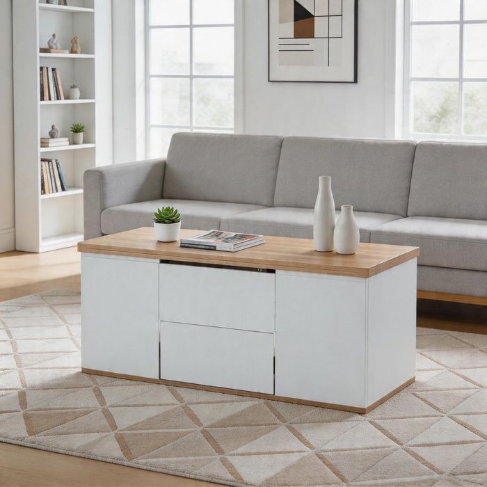 Table basse - N625P283232W - Plateau réglable en hauteur - 2 tiroirs & 1 porte - Blanc finition bois naturel