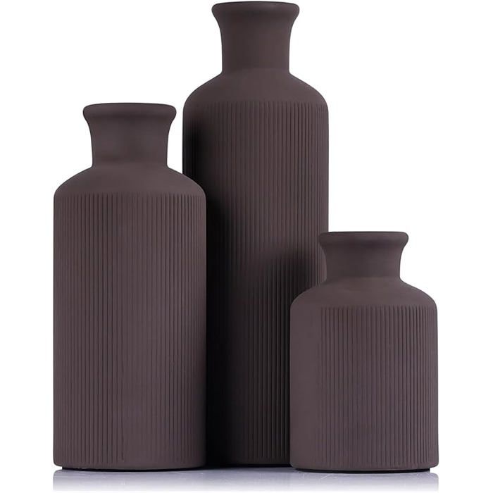 Lot de 3 petits vases en céramique pour décoration intérieur rustique campagne de salon de table de cheminée Marron Foncé