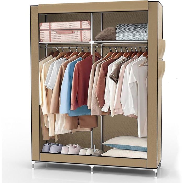 Armoire Pliante 108x170x45 cm en CRÈME Beige - Armoire en Tissu avec Fermeture éclair et Tringle à Crème Beige PENDERIE SOUPLE