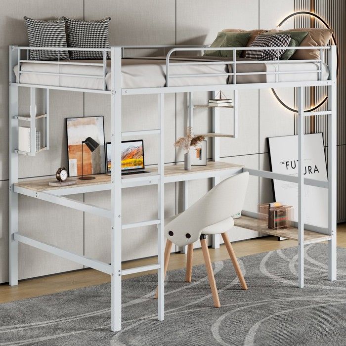 Lit superposé métal - Zephmum - 90x200 fer bureau 4 petites étagères 1 grande bibliothèque blanc