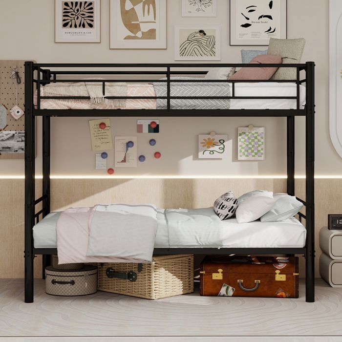 Lit superposé métal 90x190cm - URTR transformable en 2 lits simples échelle et garde-corps noir sans matelas à ressorts
