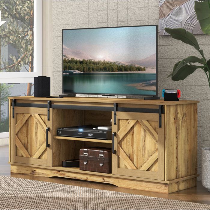 Meuble TV en panneaux de particules marron 150 x 40 x 60 cm avec portes coulissantes et rangements