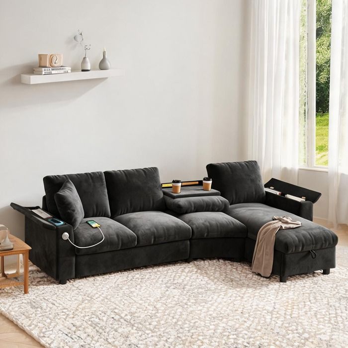 Canapé dangle convertible en tissu chenille gris classique avec rangement accoudoirs et table intégrée ports USB L 280 cm