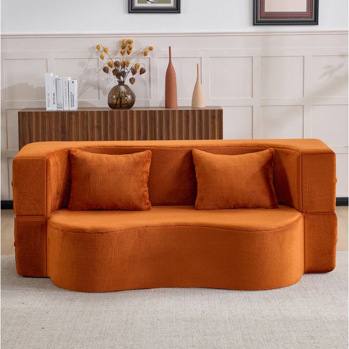 COVREO Canapé-lit pliable 2 places 180 x 110 cm mousse haute densité tissu peluche courte orange