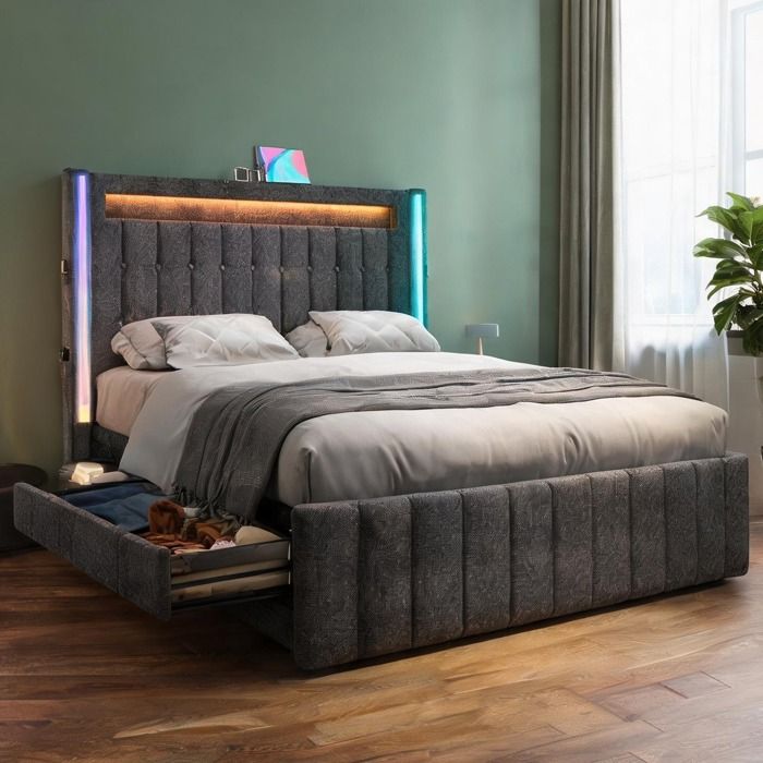 Sommier double 160x200 cm avec tête de lit USB-C LED et 4 tiroirs lin gris neutre