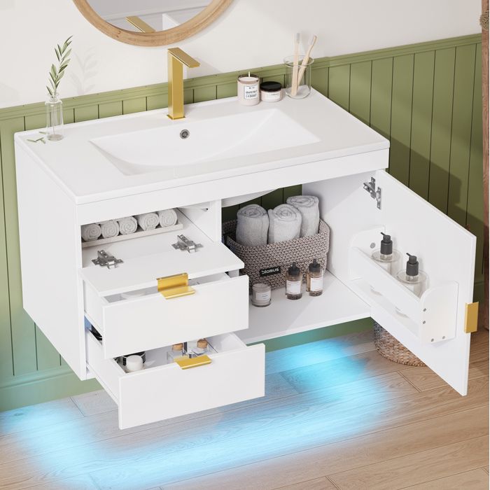 Meuble sous vasque suspendu 76 x 46 x 51 cm blanc avec vasque céramique LED pilotable par application soft-close